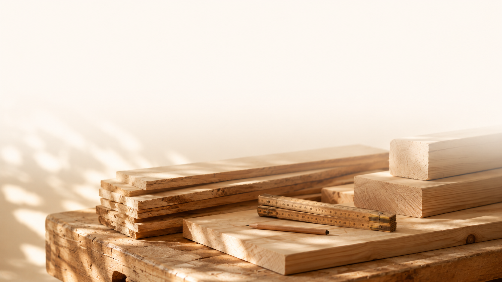 Banco da lavoro con tavole di legno, metro e matita
